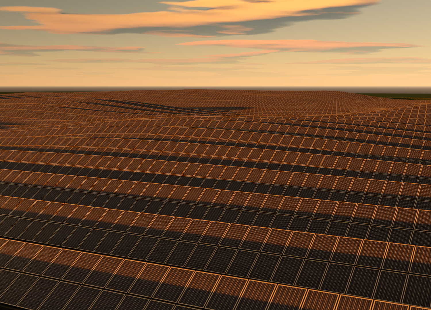 Render of a large ground mount solar field at dusk